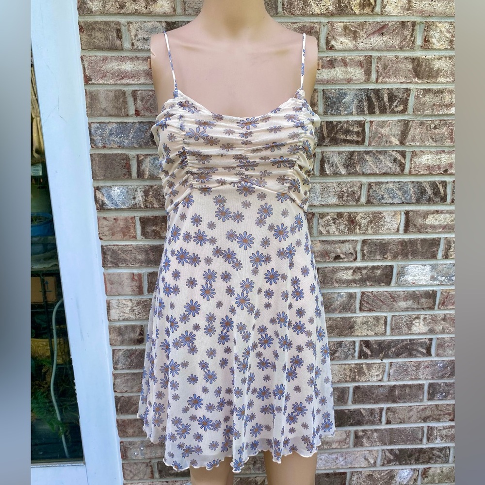 Altar'd State Cream & Blue Floral Mesh Spaghetti Strap Mini Sundress